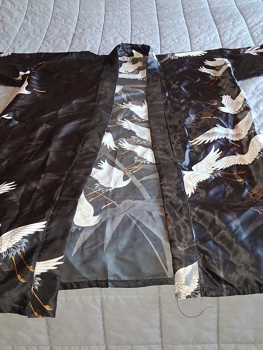 Silky Crane-Print Black Satin Kimono Robe